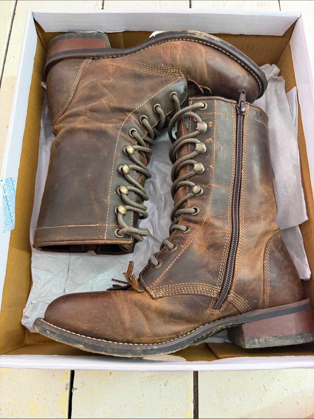 Brown Leather Lace-Up Zip Combat Boots